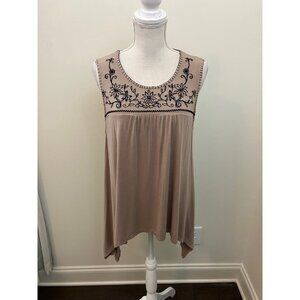 POL Sleeveless Tan Top Embroidered Bodice Size Medium